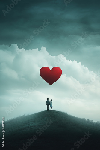 A couple standing on top of a hill, with a heart-shaped balloon in the sky. Love theme design.