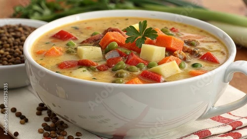 A warm cup of lentil soup loaded with diced vegetables contrasting the creamy texture of a potatobased chowder rich in saturated fats. photo