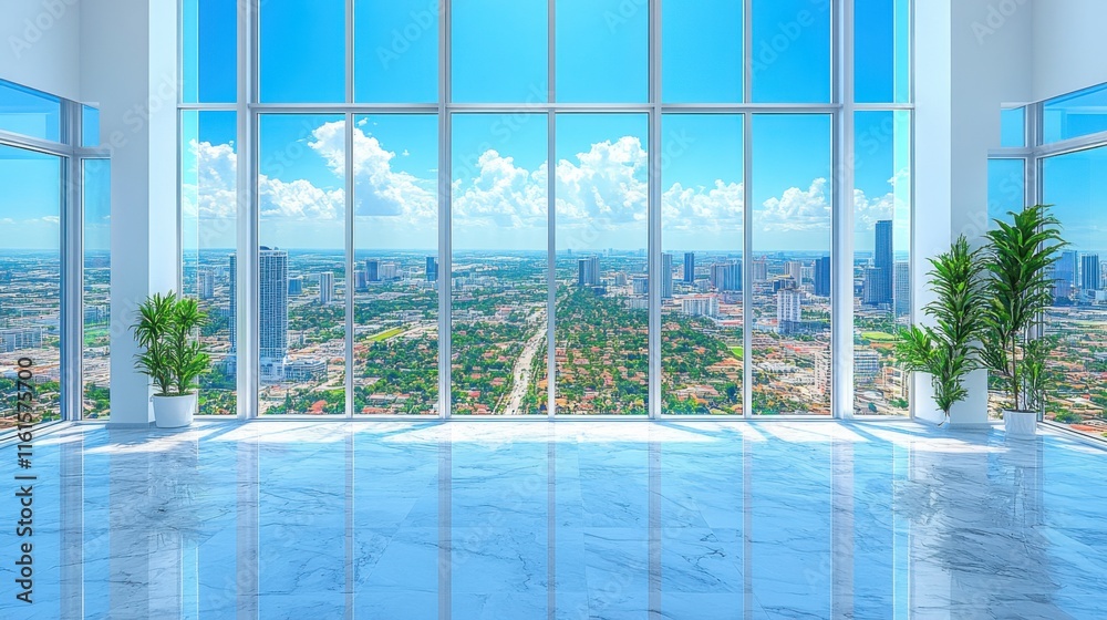 Modern Office Space with Panoramic City View, Bright Natural Light Flooding the Room, Contemporary Design Featuring Tall Windows and Lush Greenery Modern Office Space with Panoramic City View, Bright Natural Light Flooding the Room, Contemporary Design Featuring Tall Windows and Lush Greenery