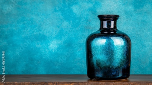 Teal ceramic vase on wooden shelf against blue background.