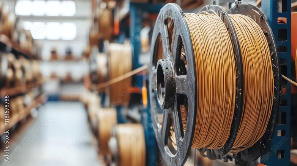 Obraz premium Spool of Wire on a Rack in an Industrial Storage Facility