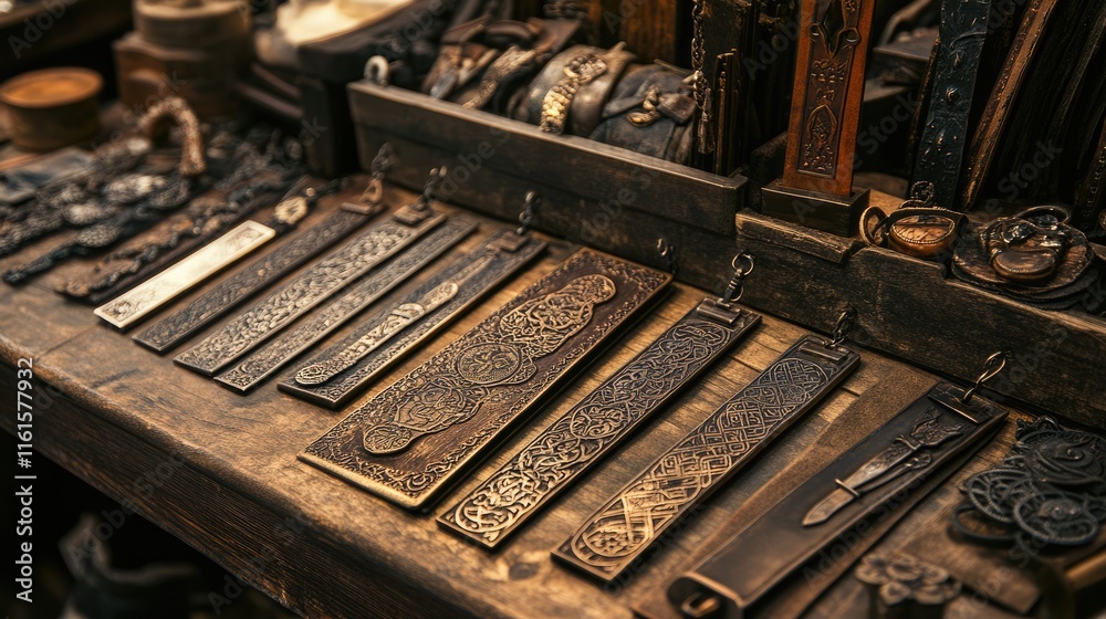 Antique Metalwork Display of Intricate Decorative Pieces Antique Metalwork Display of Intricate Decorative Pieces