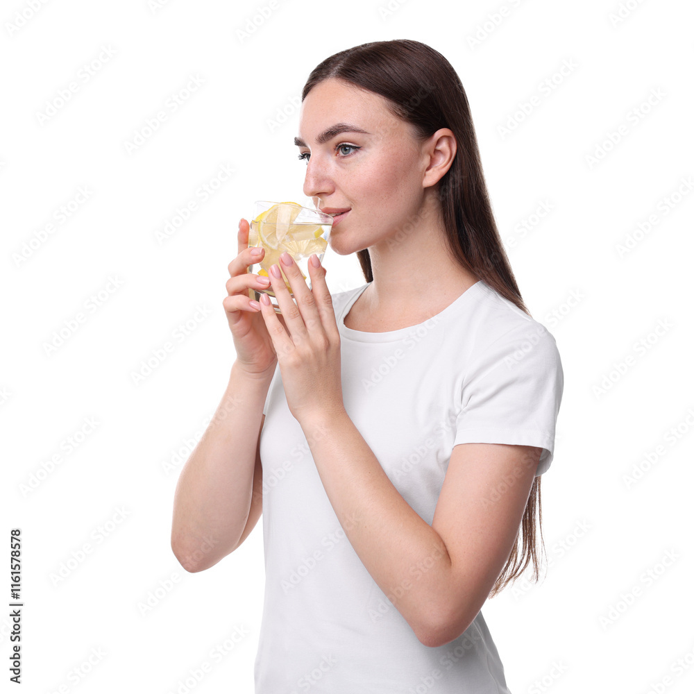 Woman drinking water with lemon on white background Woman drinking water with lemon on white background