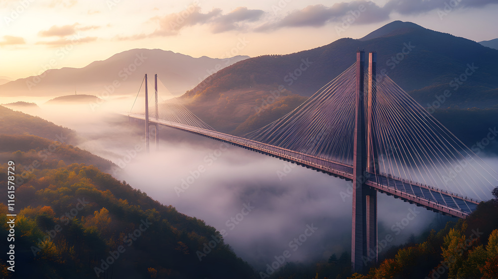 Obraz premium un puente colgante entre las montañas cubierto de neblina de nubes al amanecer belleza en la naturaleza un dia frio y hermoso