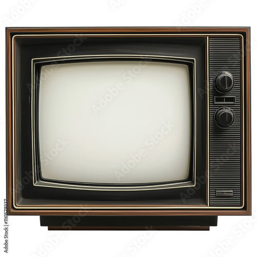 Vintage television with a retro wooden frame and knobs, isolated on a transparent background.  
 photo