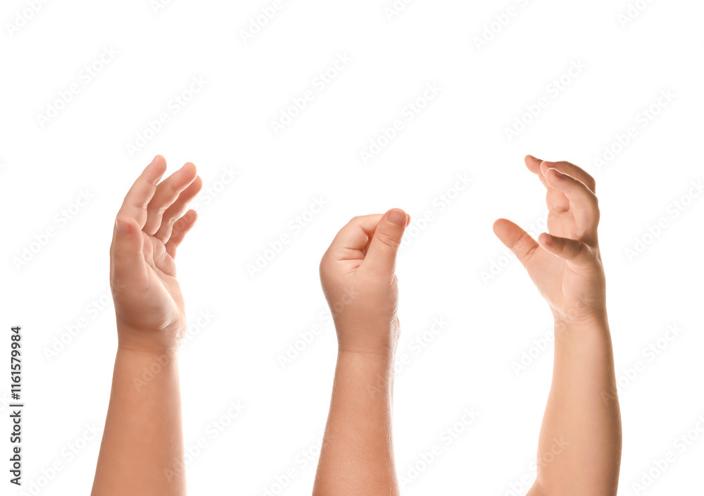 Kids showing hands on white background, closeup Kids showing hands on white background, closeup