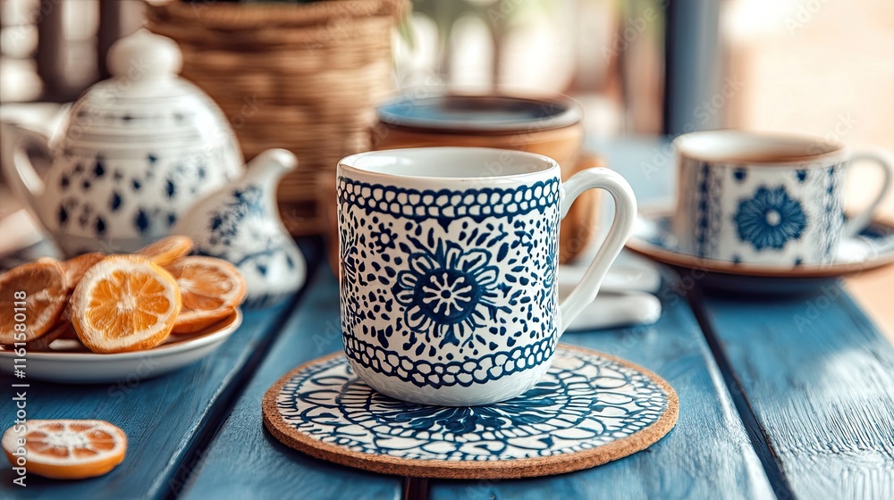 Fototapeta premium Handcrafted Blue Patterned Mug on Rustic Table with Citrus Slice