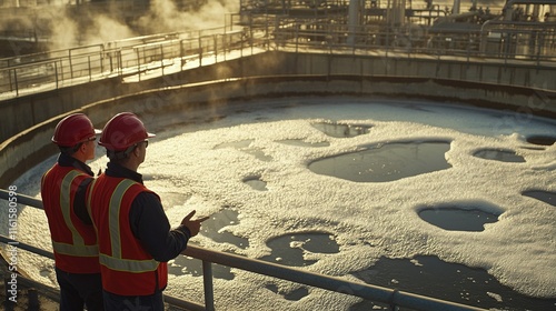 Two engineers inspect a wastewater treatment plant.