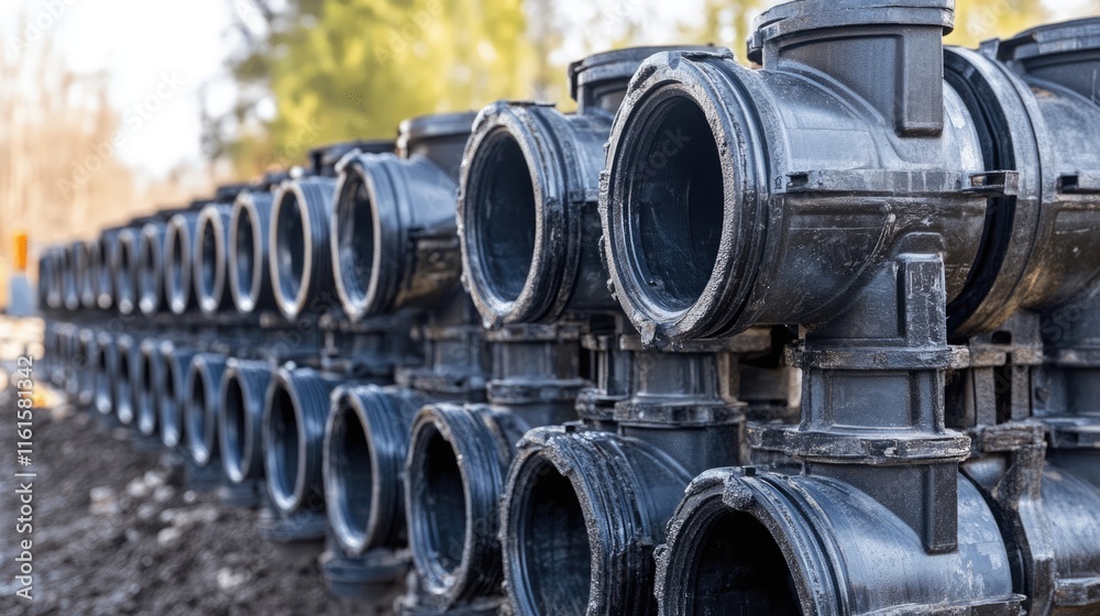 Gray Plastic Pipes Stacked Neatly on Construction Site in Daylight Gray Plastic Pipes Stacked Neatly on Construction Site in Daylight