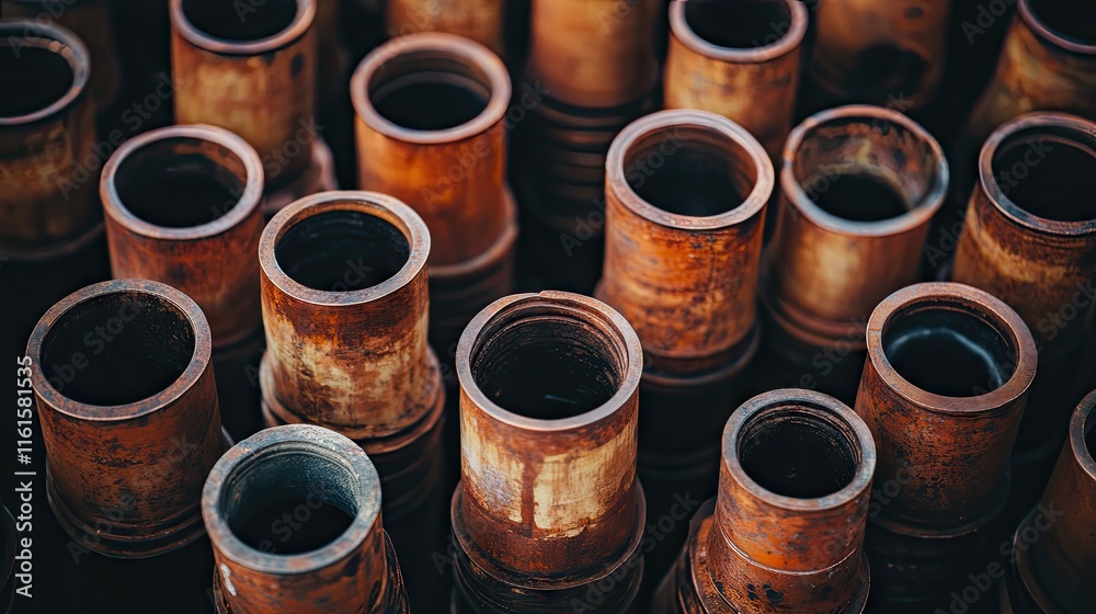 Rusty Metal Cylinders Displayed in a Close-Up Industrial Scene Rusty Metal Cylinders Displayed in a Close-Up Industrial Scene