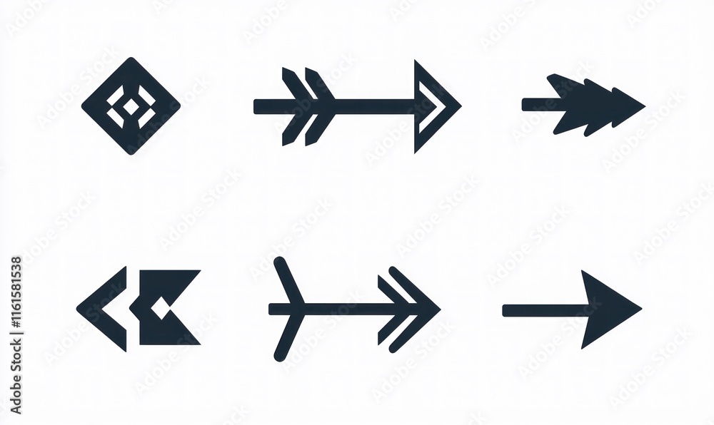 Six black arrows with different designs on white background. Six black arrows with different designs on white background.