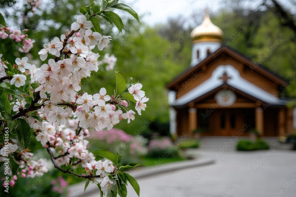 A captivating scene where blooming flowers surround a golden dome chapel, accentuating the beauty of spring and evoking feelings of hope and renewal in a serene atmosphere. A captivating scene where blooming flowers surround a golden dome chapel, accentuating the beauty of spring and evoking feelings of hope and renewal in a serene atmosphere.