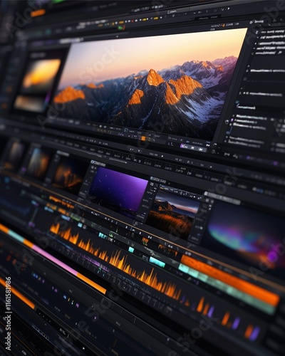 Modern Music Record Studio, Dynamic video editing showcase creative studio digital content tech environment close-up view visual storytelling