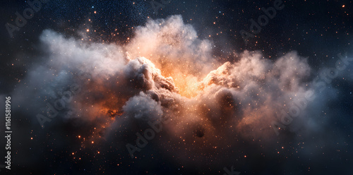 Exploding Cosmic Cloud with Glowing Sparks and Starry Sky – Dynamic Space Scene