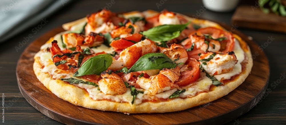 Lobster pizza with a thin crust, topped with mozzarella, tomatoes, and basil leaves Lobster pizza with a thin crust, topped with mozzarella, tomatoes, and basil leaves