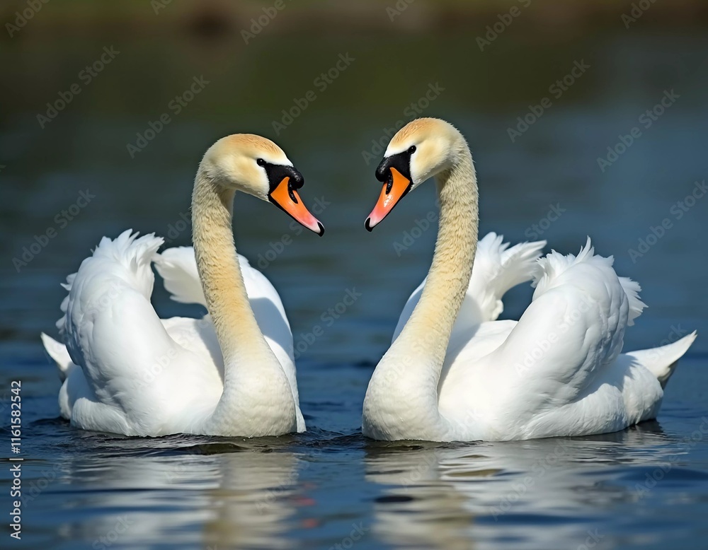 Two beautiful swans swim together in tranquil water, reflecting their graceful forms as morning light. Swans Cygnus are a genus of birds from order Anseriformes of the duck family. Generative AI Two beautiful swans swim together in tranquil water, reflecting their graceful forms as morning light. Swans Cygnus are a genus of birds from order Anseriformes of the duck family. Generative AI
