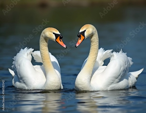 Two beautiful swans swim together in tranquil water, reflecting their graceful forms as morning light. Swans Cygnus are a genus of birds from order Anseriformes of the duck family. Generative AI photo