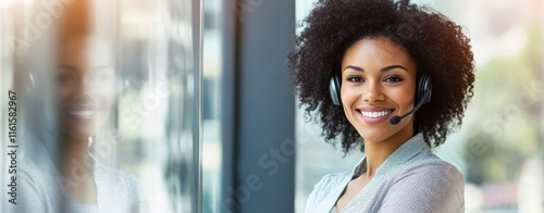 A friendly female call assistant operates within a call center office. Offers an online remote advisory session with ample copy space