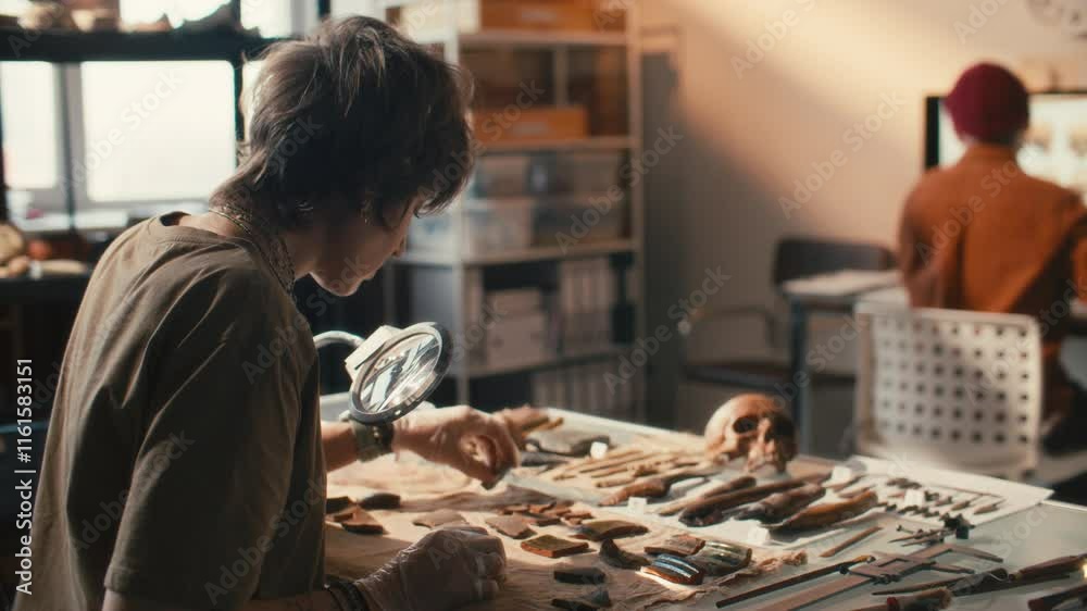 Female researcher in gloves examining and sorting archaeological artifacts under magnifying lamp on table with labeled tools, bones and skull in laboratory Female researcher in gloves examining and sorting archaeological artifacts under magnifying lamp on table with labeled tools, bones and skull in laboratory