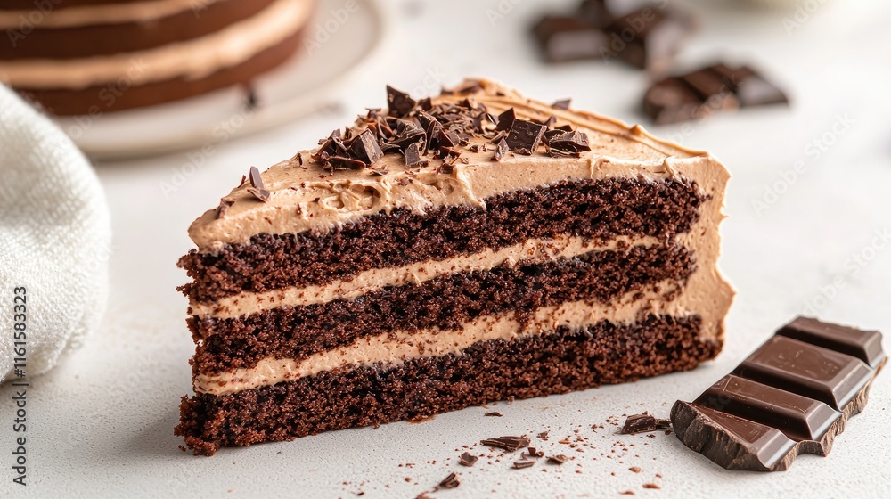 A mouthwatering chocolate cake slice featuring rich, multi-layered frosting, topped with chocolate curls. Surrounding pieces of chocolate add an indulgent and irresistible appeal. A mouthwatering chocolate cake slice featuring rich, multi-layered frosting, topped with chocolate curls. Surrounding pieces of chocolate add an indulgent and irresistible appeal.