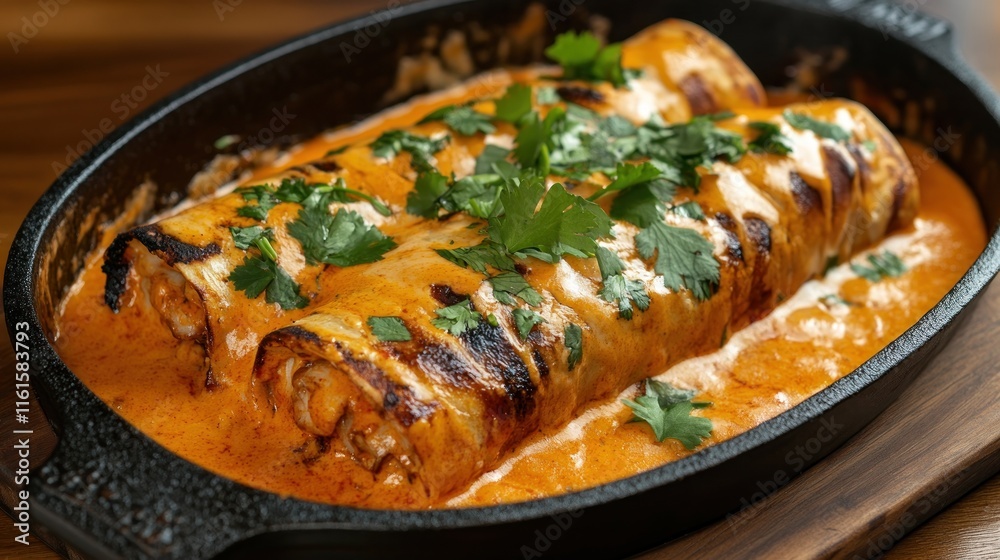 Smoky Alaskan Crab enchiladas in a creamy chipotle sauce, garnished with fresh cilantro Smoky Alaskan Crab enchiladas in a creamy chipotle sauce, garnished with fresh cilantro