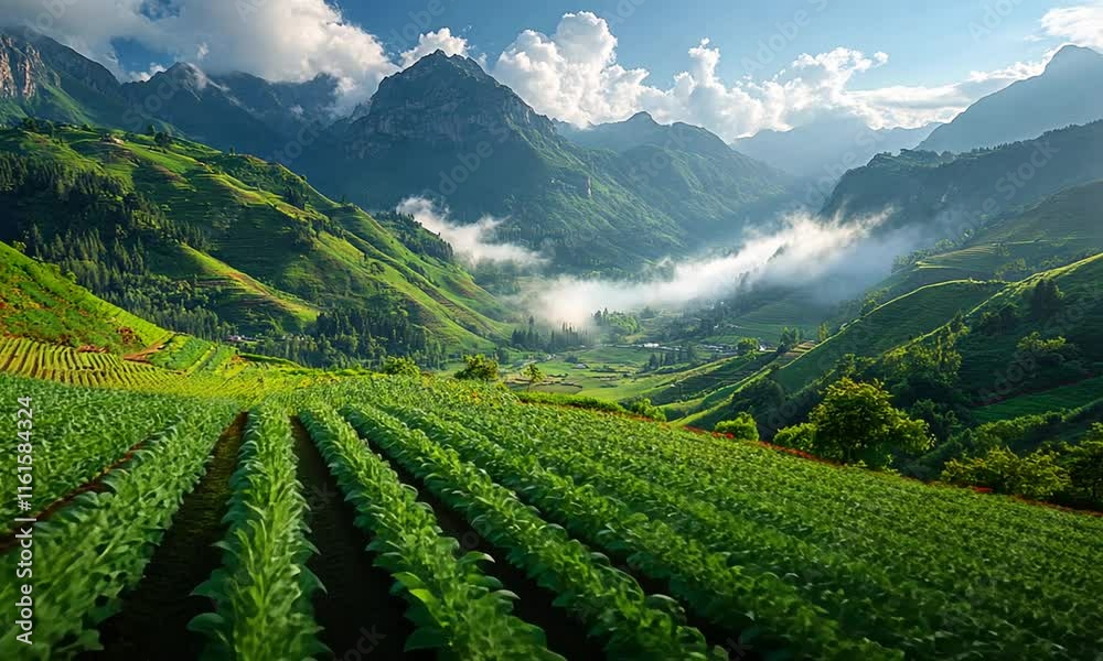 Lush green fields stretch across a mountainous landscape under a bright sky with clouds. Lush green fields stretch across a mountainous landscape under a bright sky with clouds.