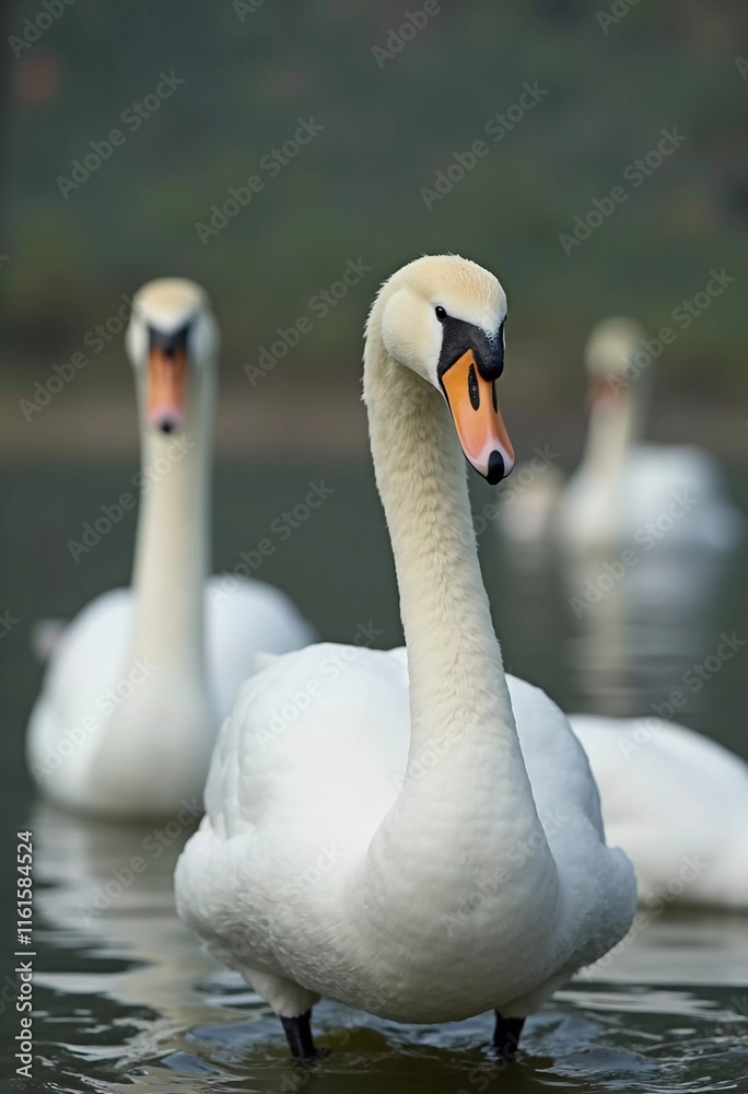Obraz premium Two beautiful swans swim together in tranquil water, reflecting their graceful forms as morning light. Swans Cygnus are a genus of birds from order Anseriformes of the duck family. Generative AI