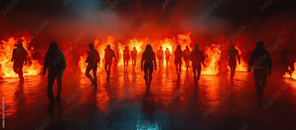Fototapeta premium A dramatic scene of silhouetted figures walking through flames in a dark environment.
