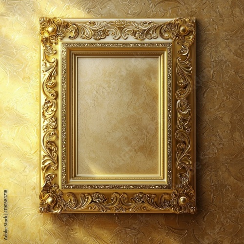 Ornate gold picture frame on textured wall.