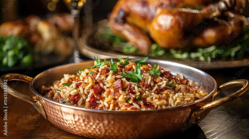 Turkish pilaf with orzo served in a traditional copper dish alongside roasted chicken Turkish pilaf with orzo served in a traditional copper dish alongside roasted chicken