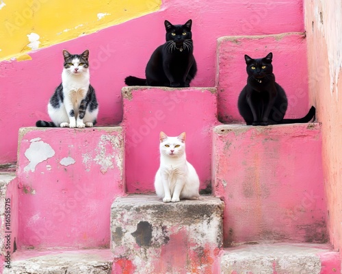 Three cats are seen on a pink stairway in Chios, Greece, Europe. photo