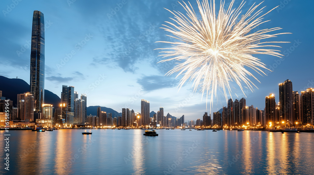 Fototapeta premium Stunning city skyline with fireworks over water at twilight