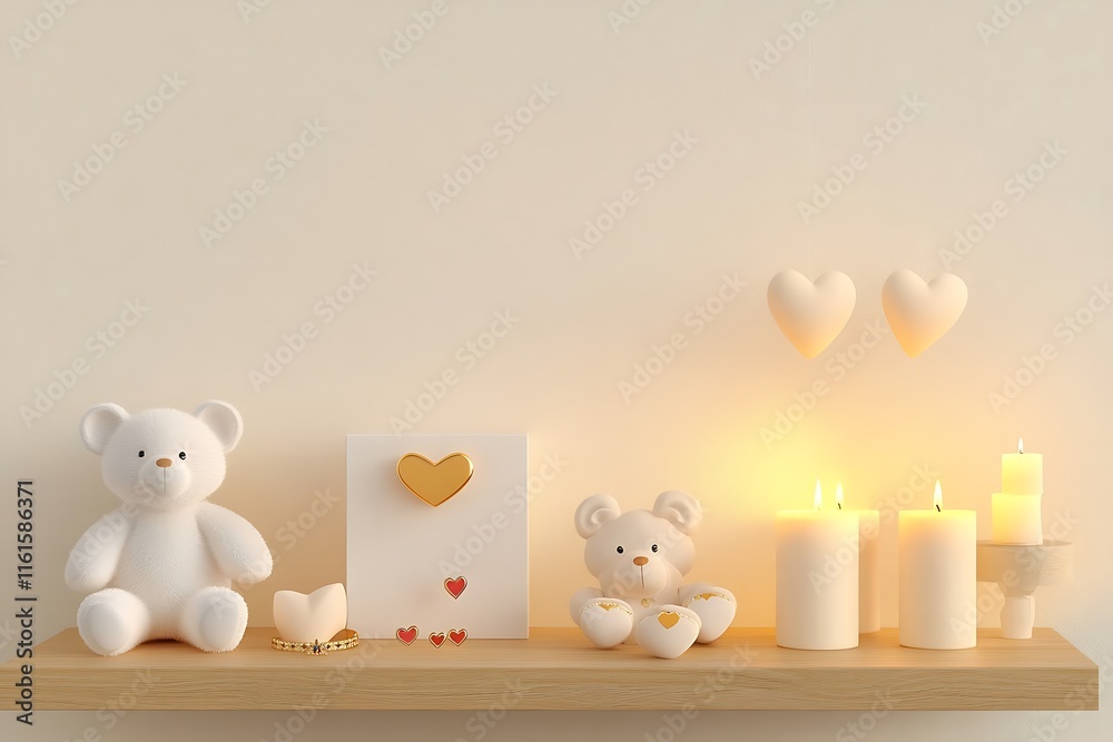 A cozy shelf display with teddy bears, candles, and decorative hearts. A cozy shelf display with teddy bears, candles, and decorative hearts.