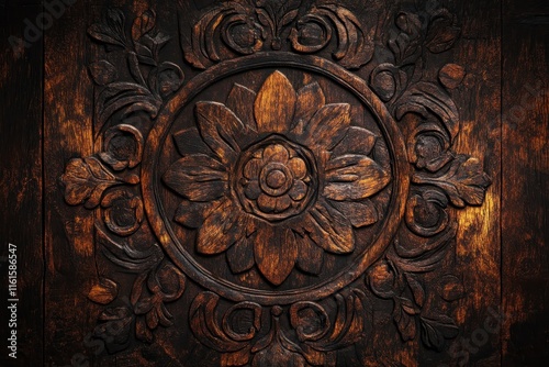 Intricate dark wood carving with floral design. photo