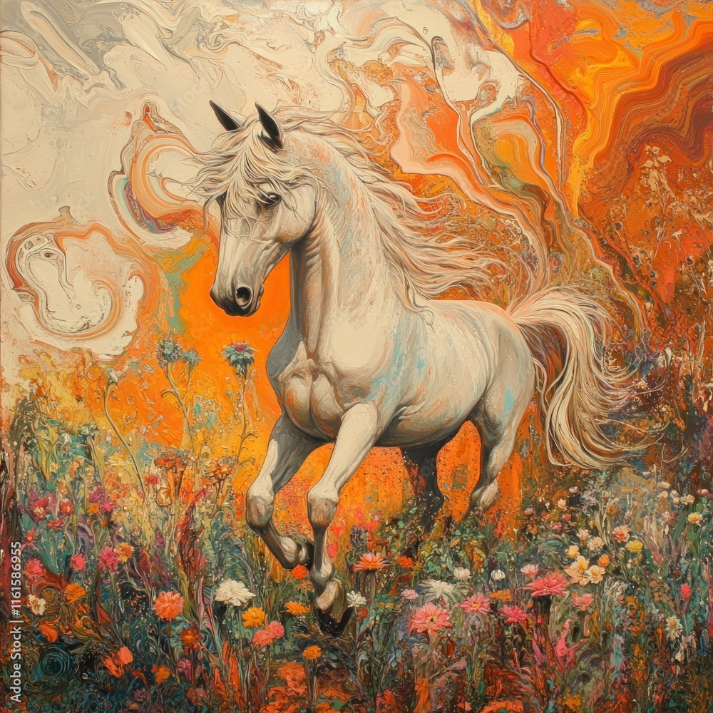White horse running in vibrant floral field with abstract background. White horse running in vibrant floral field with abstract background.