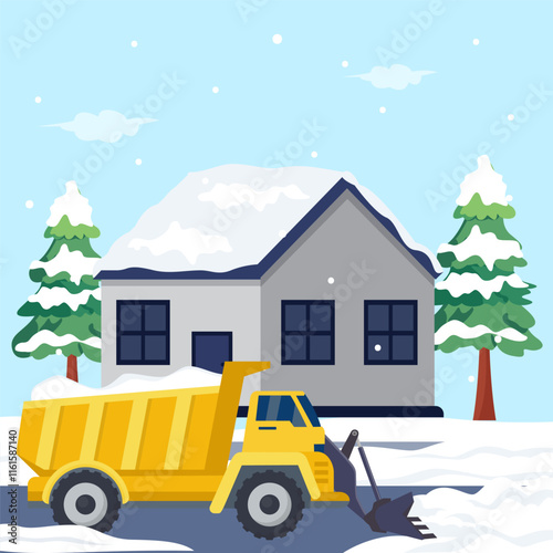 Snow plow truck cleaning area streets winter
