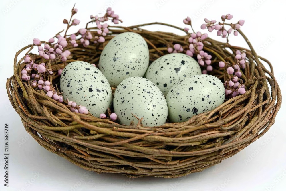 Nest filled with speckled eggs and delicate flowers resting on a soft surface Nest filled with speckled eggs and delicate flowers resting on a soft surface