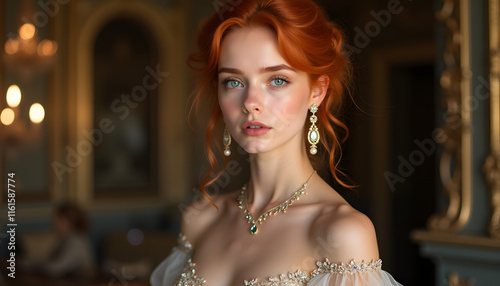 Portrait of a beautiful red-haired woman with blue eyes, an aristocrat dressed in an evening gown
