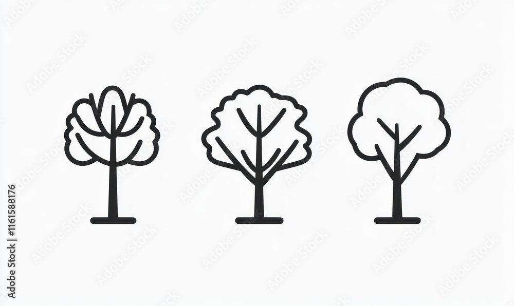 Obraz premium Three simple line art tree icons showing growth stages.