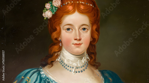 Portrait of a beautiful red-haired woman with blue eyes, an aristocrat dressed in an evening gown