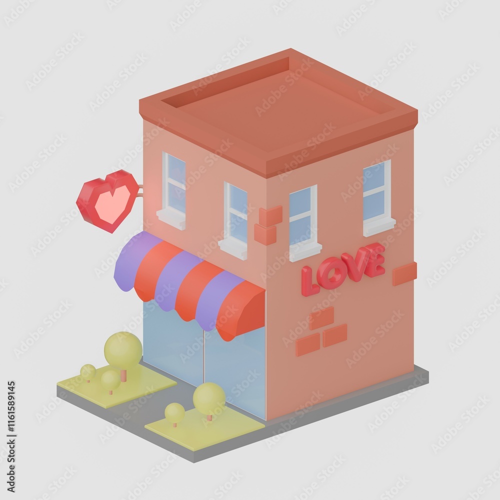 Obraz premium a store with a heart-shaped sign. cartoon building in the style of 3D rendering illustrations