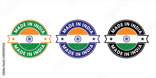 Circular Made in India badge featuring national flag elements. Ideal for branding, labels, packaging, and promoting Indian products and craftsmanship.