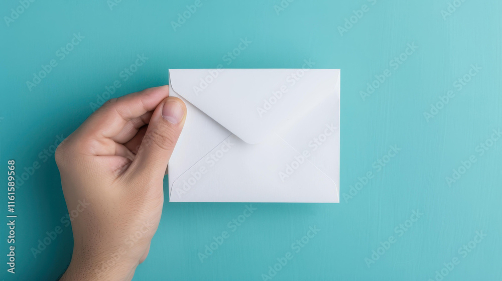 A person reveals a crisp white envelope against a vibrant teal background, capturing attention with simplicity. A person reveals a crisp white envelope against a vibrant teal background, capturing attention with simplicity.