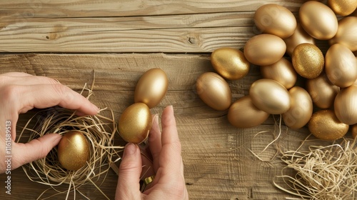 Handdyed Easter eggs in warm gold and beige shades symbolize springs renewal during this cherished holiday. photo