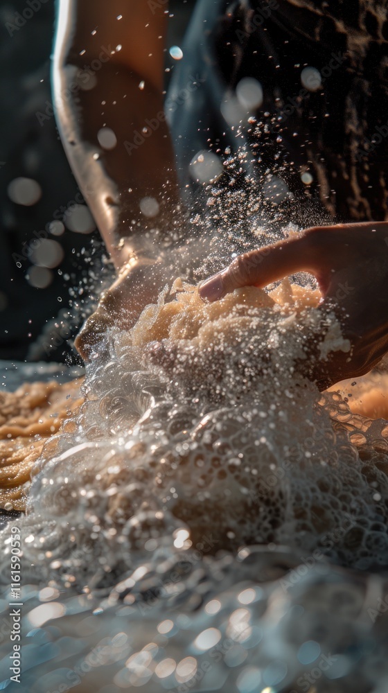 Close-up of hands kneading dough with splashing water. Close-up of hands kneading dough with splashing water.