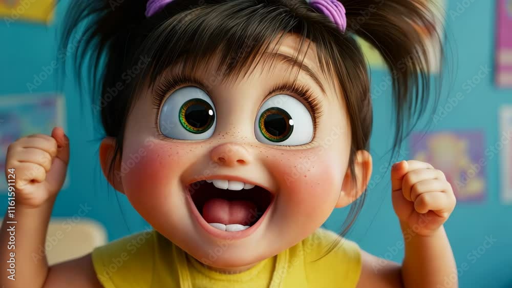 A joyful little girl bursts into laughter, her giggles filling the air with fun and delight in a vibrant scene.