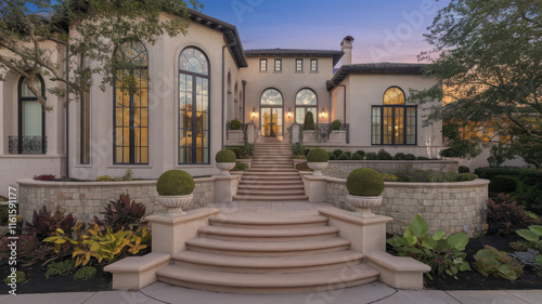 An elegant luxury home featuring stunning arched windows and a grand staircase leading to the entrance  framed by lush landscaping and evening sky hues.