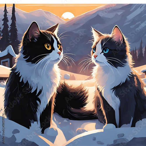 Playful Cats in a Serene Winter Landscape photo