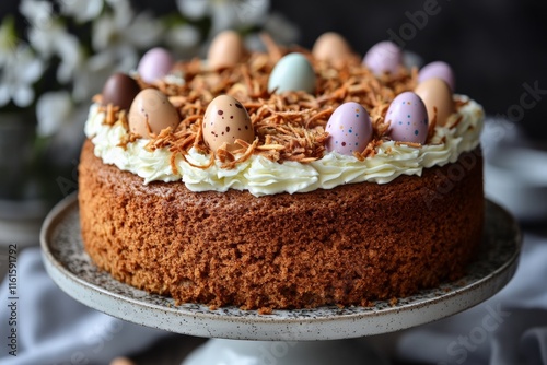 Delicious Easter cake topped with colorful chocolate eggs and shredded coconut in a festive setting photo