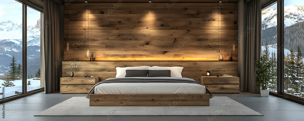 Rustic Mountain View Bedroom 3D Rendering Modern Interior Design with Wooden Walls Rustic Mountain View Bedroom 3D Rendering Modern Interior Design with Wooden Walls